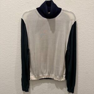 Burberry London Silk Cashmere Colorblock Turtleneck Sweater Navy Cream XS